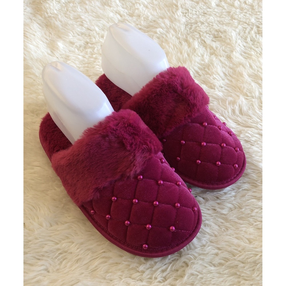 Fluffy Fuzzy Slippers Faux Fur Lining Slip On House Shoes Pearls Women's S 5/6